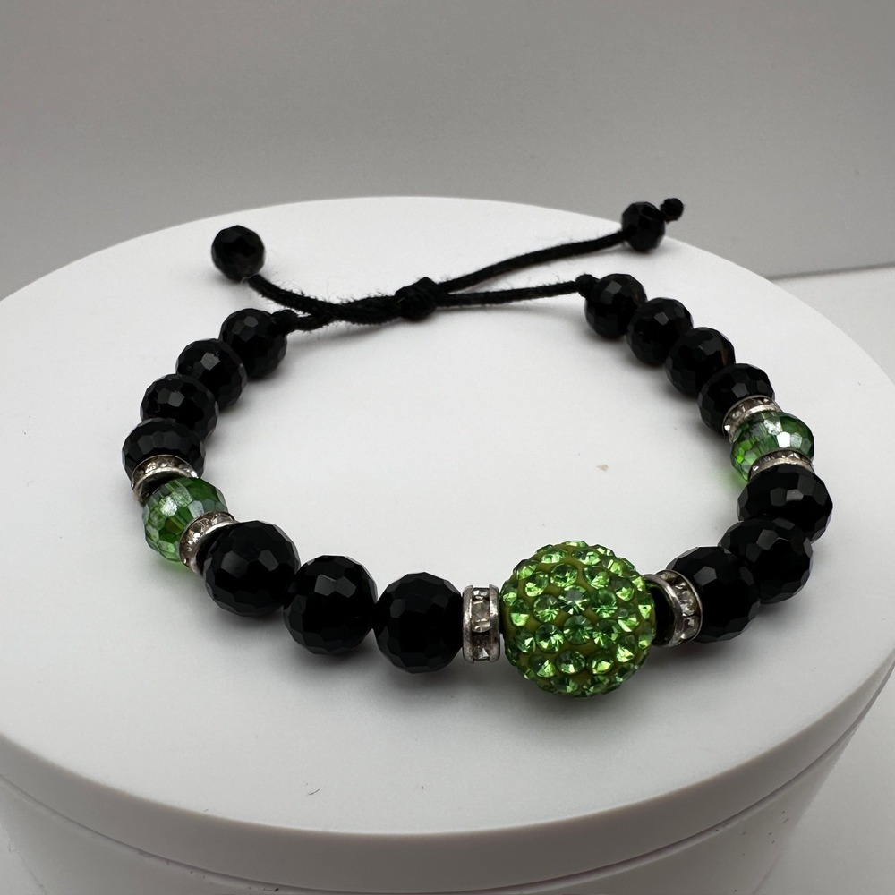 Vintage Black Beaded Bracelet Green Crystal Disco Ball Y2K Gothic
